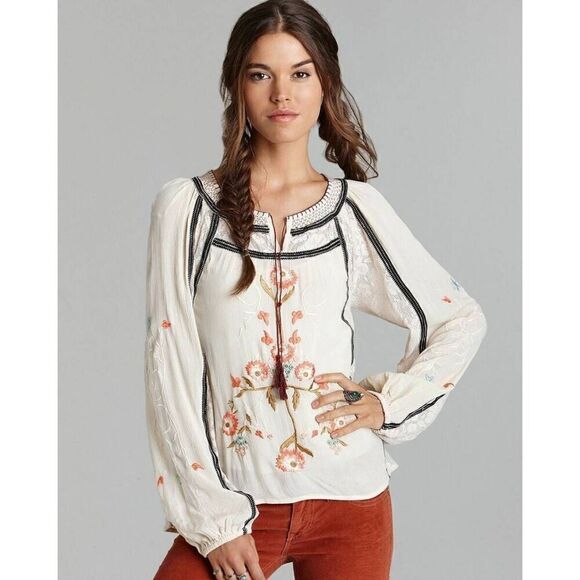 Free People Tunic Top Womens Medium Boho Tiger Lily Embroidered Lace Floral Tass - Picture 1 of 9